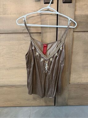 Brown Embellished V-Neck Satin Cami